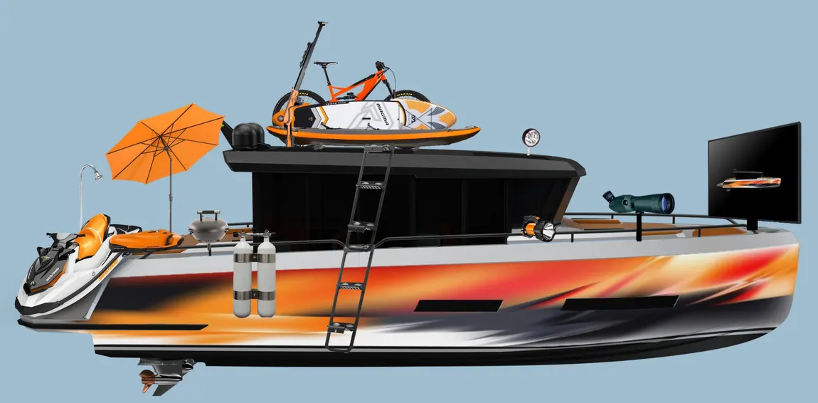 AIY 42 wrapped and fully loaded — jet ski, e-bike, SUP, dive tanks, grill, shower, screen and more.