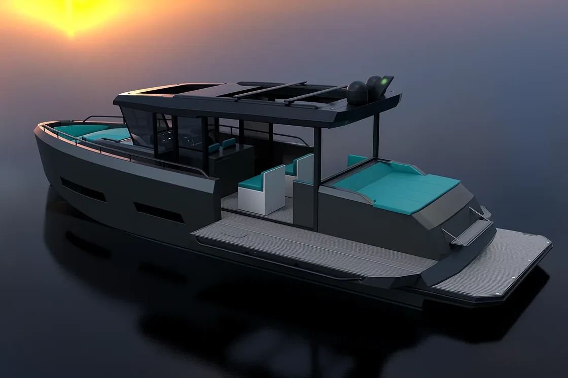 AIY 42 in anthracite — roof back, open T-top day boat at dusk