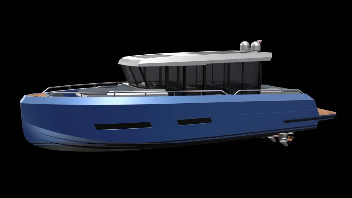 AIY 42 — one clean, constant hull with the forward-raked signature profile, ocean-blue wrap.