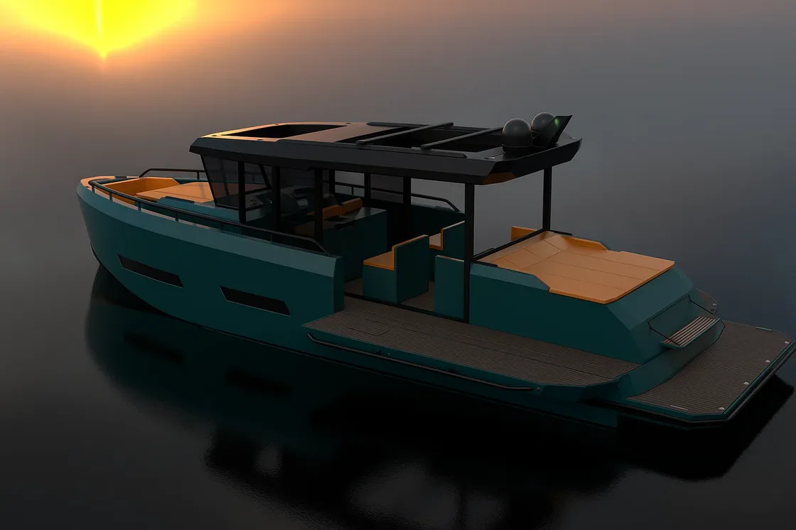 AIY 42 in ocean-teal wrap — open T-top at dusk