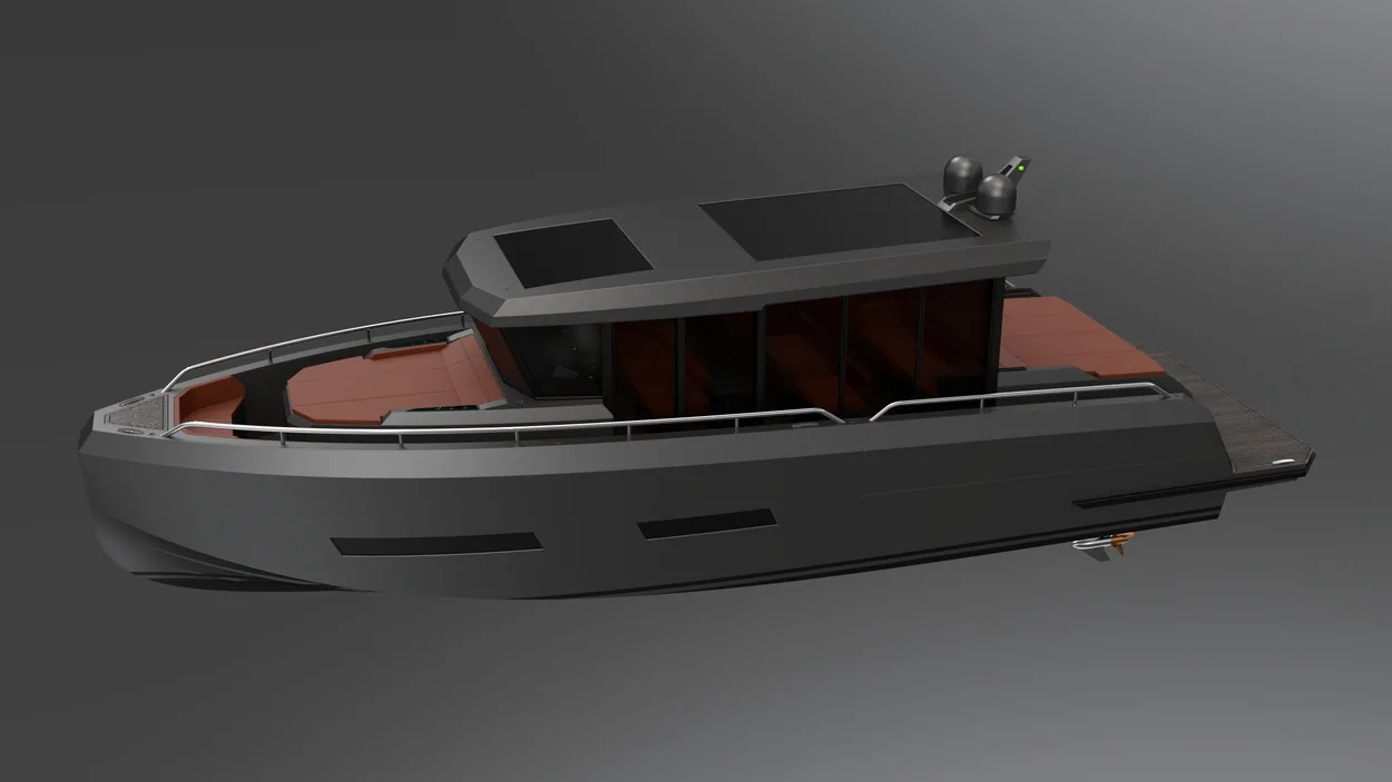 AIY 42 in anthracite — closed and capable, the ideal chase boat for a larger yacht.