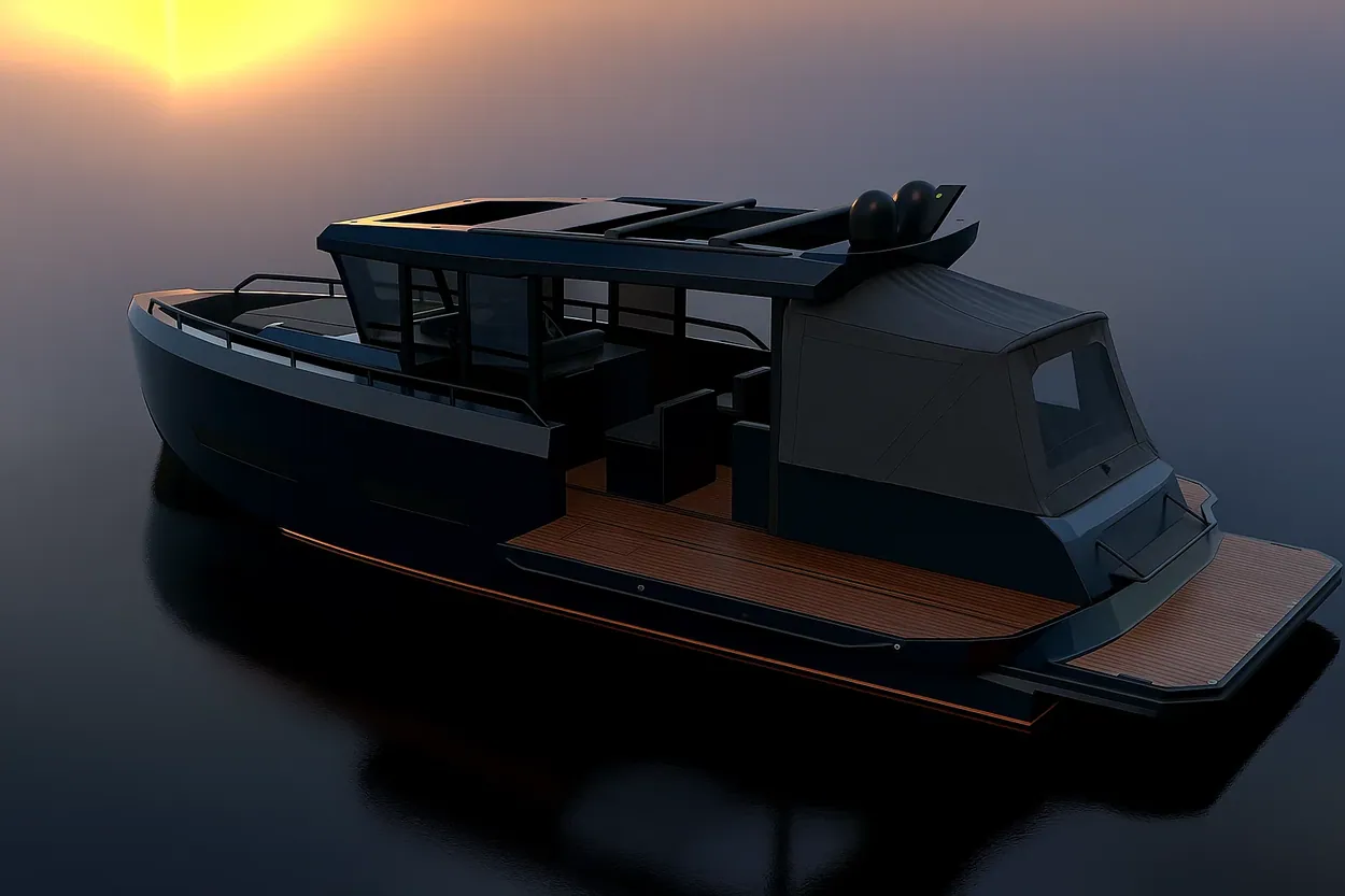 AIY 42 with the aft canopy deployed — a pop-up tent that sleeps two and extends the living space.